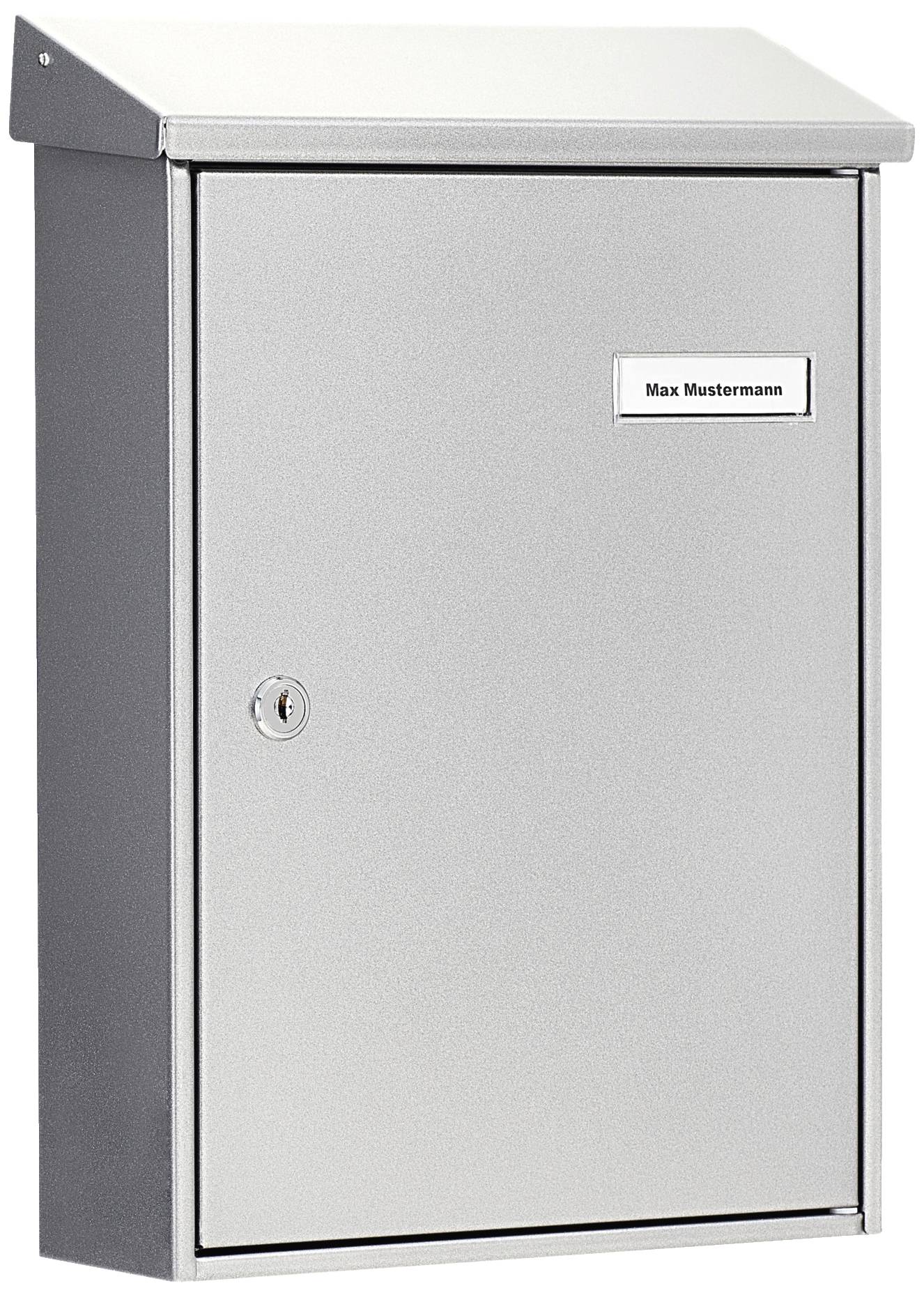 Silberner Briefkasten mit Namensschild 'Max Mustermann' auf der Vorderseite, rechteckige Form, an einer Wand montiert.