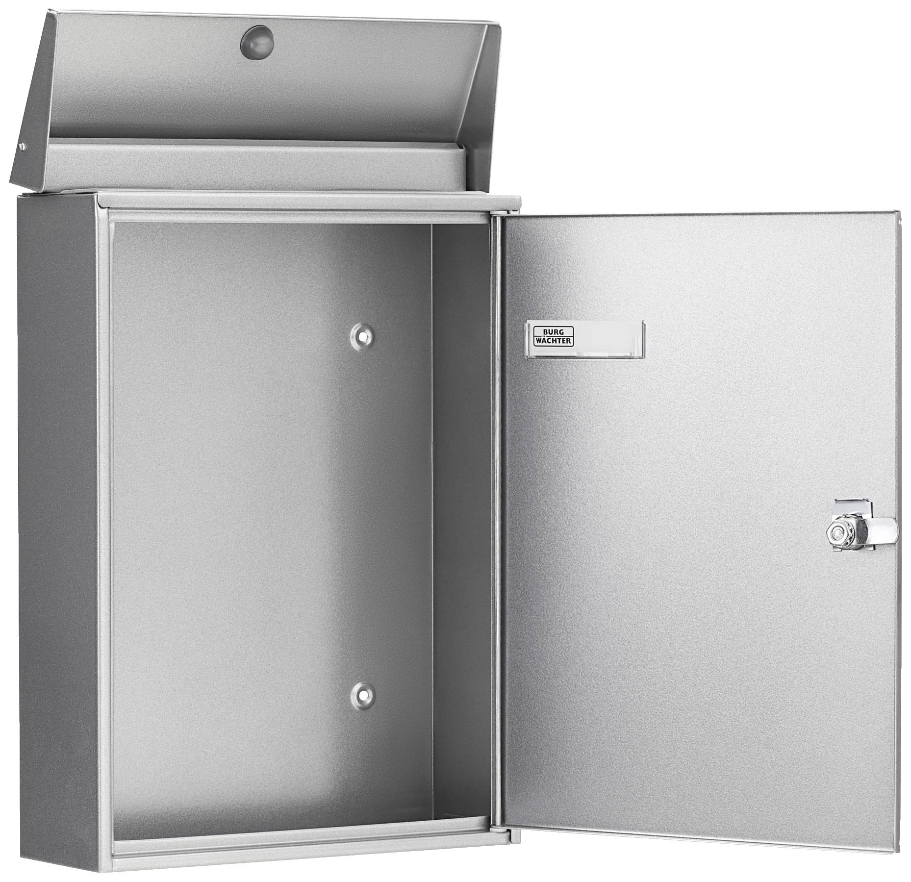 Ein geöffneter metallener Briefkasten mit einem Schloss an der rechten Tür. Obere Abdeckung ist hochgeklappt.