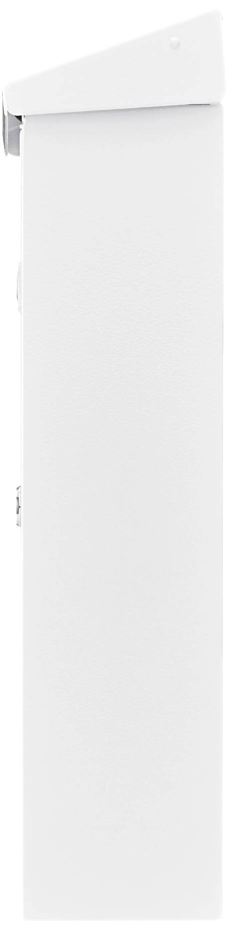 Ein weißer, rechteckiger Gegenstand mit einem abgeschrägten, grauen Deckel oben rechts.