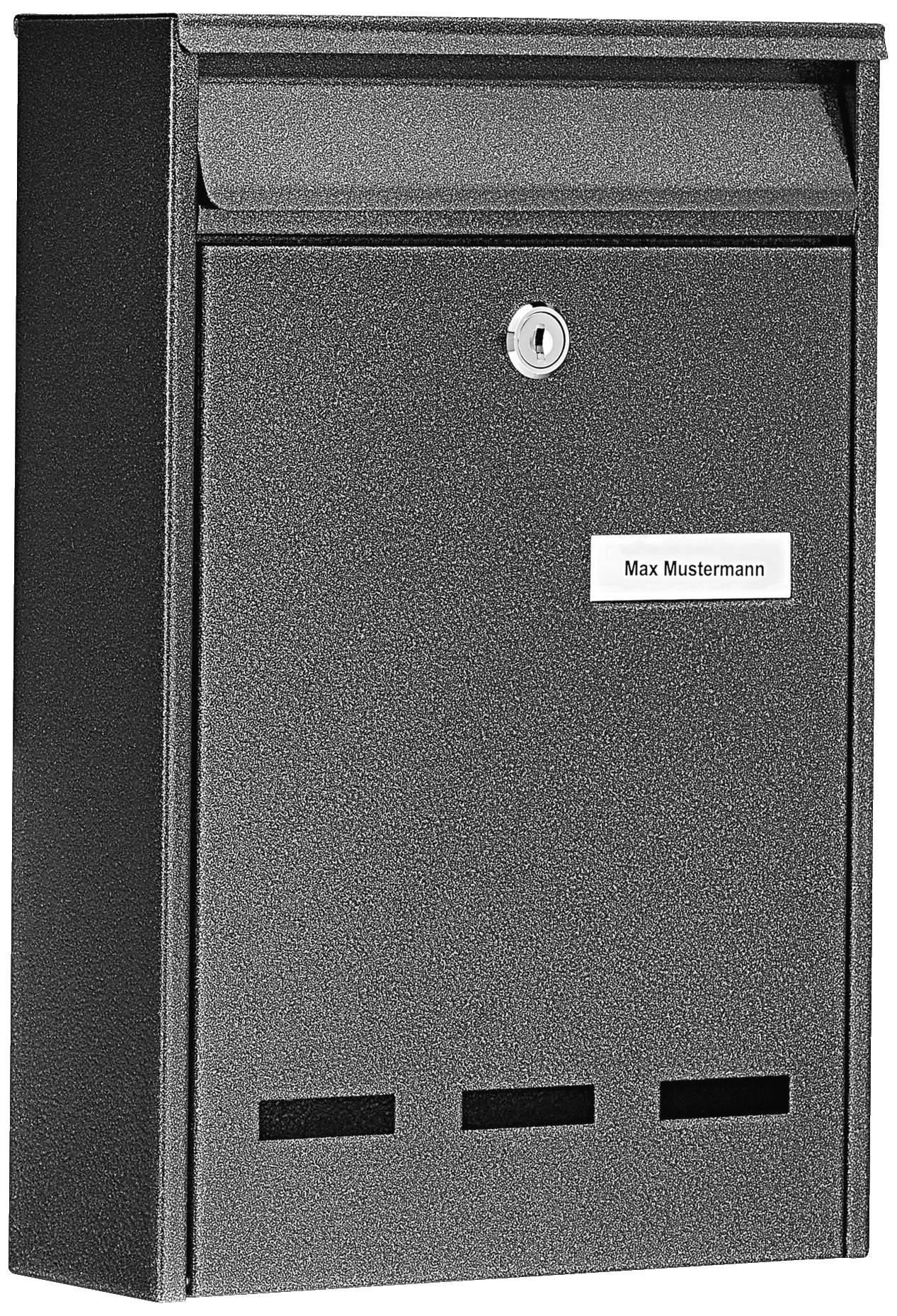 Schwarzer Briefkasten mit kleinem Namensschild 'Max Mustermann', Schlüsselloch in der Mitte, einfache rechteckige Form.