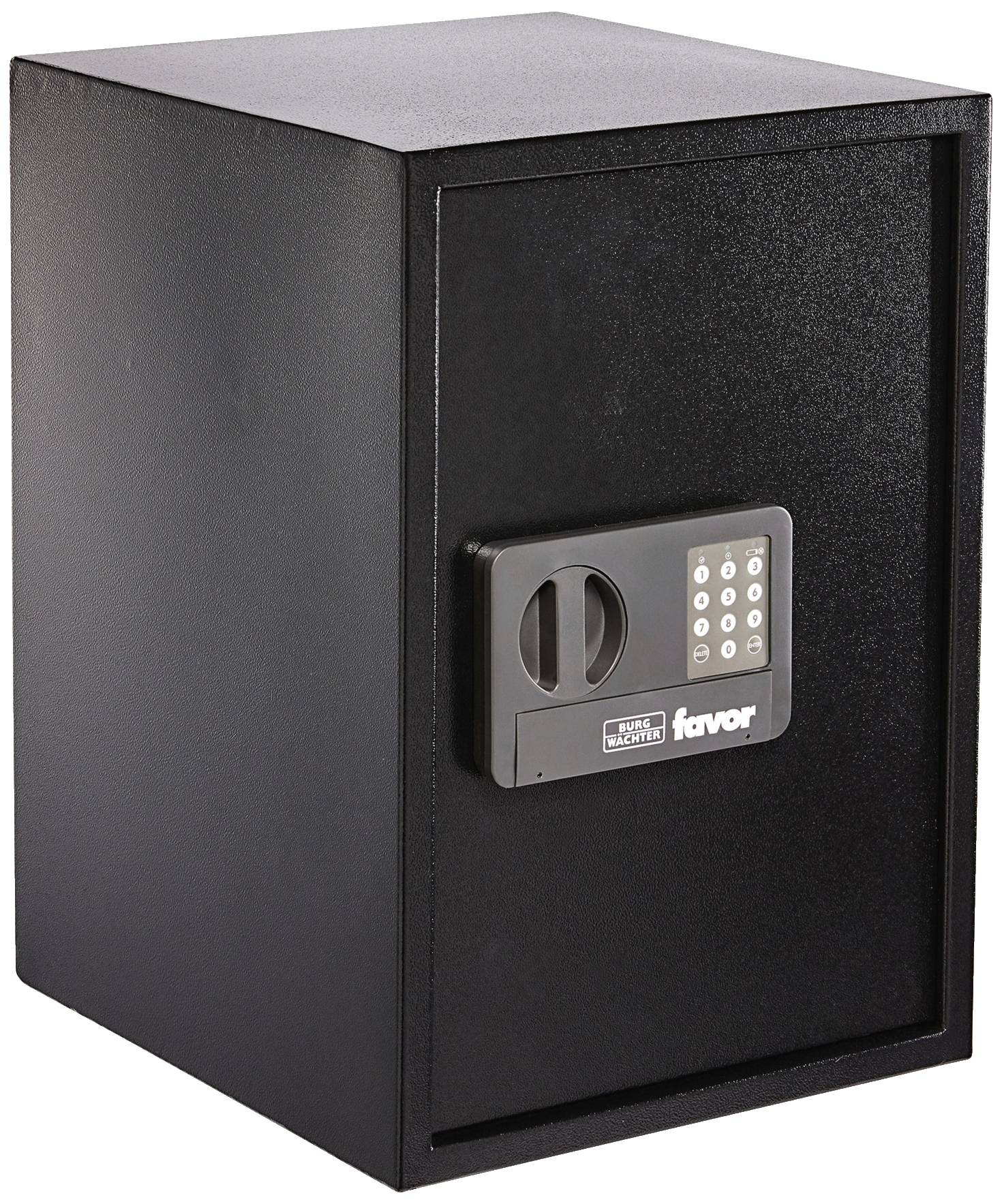 Ein schwarzer Tresor mit elektronischem Zahlenschloss und Drehknopf, geeignet zur sicheren Aufbewahrung von Wertsachen.
