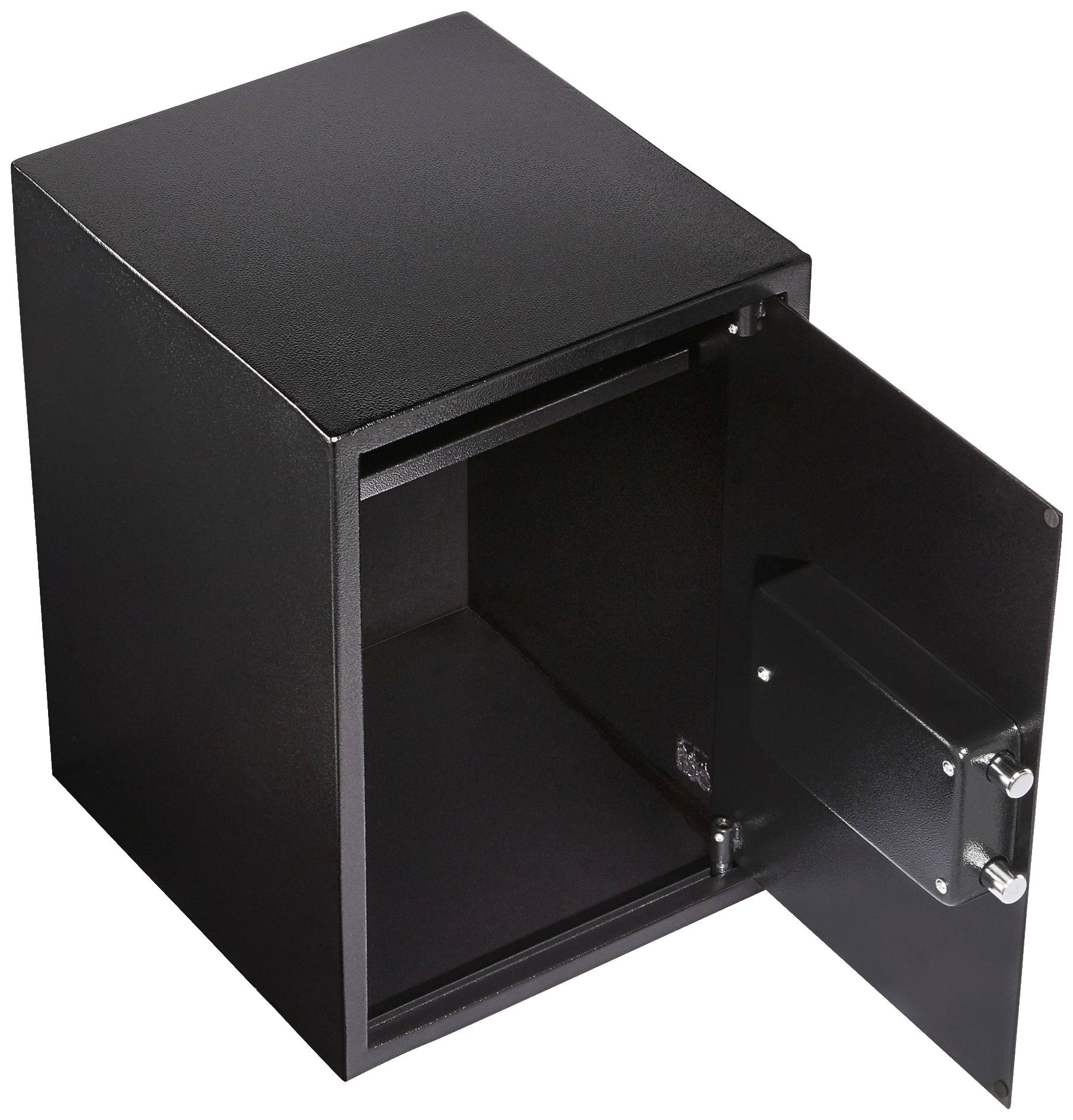 Ein schwarzer Safe mit geöffneter Tür, die zwei Riegel zeigt. Der Safe ist leer und hat eine glatte Oberfläche.