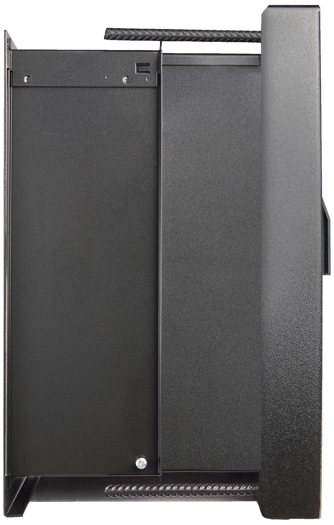 Schwarzes Computergehäuse mit glatter Oberfläche und klaren Linien. Seitenansicht zeigt einen geschlossenen Deckel.
