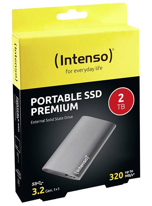 Externe SSD von Intenso, Modell 'Portable SSD Premium' mit 2 TB Speicherplatz und einer Übertragungsgeschwindigkeit von bis zu 320 MB/s.