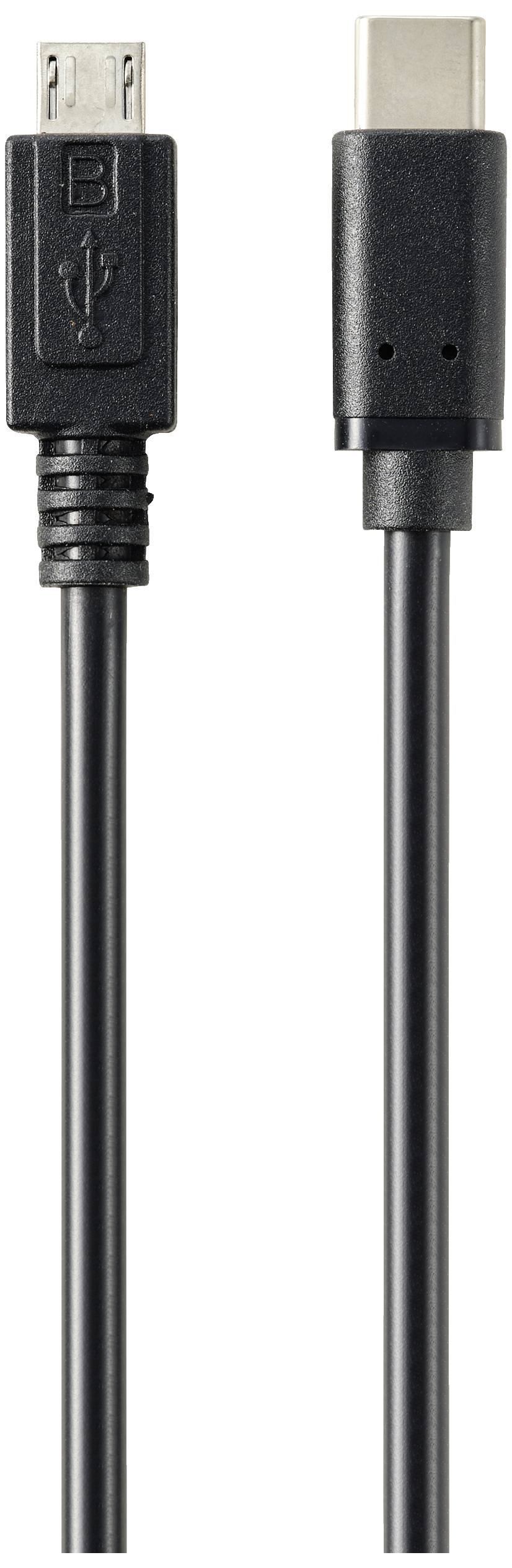 'Ein USB-Kabel mit einem Micro-USB-Stecker links und einem USB-C-Stecker rechts, beide schwarz.'