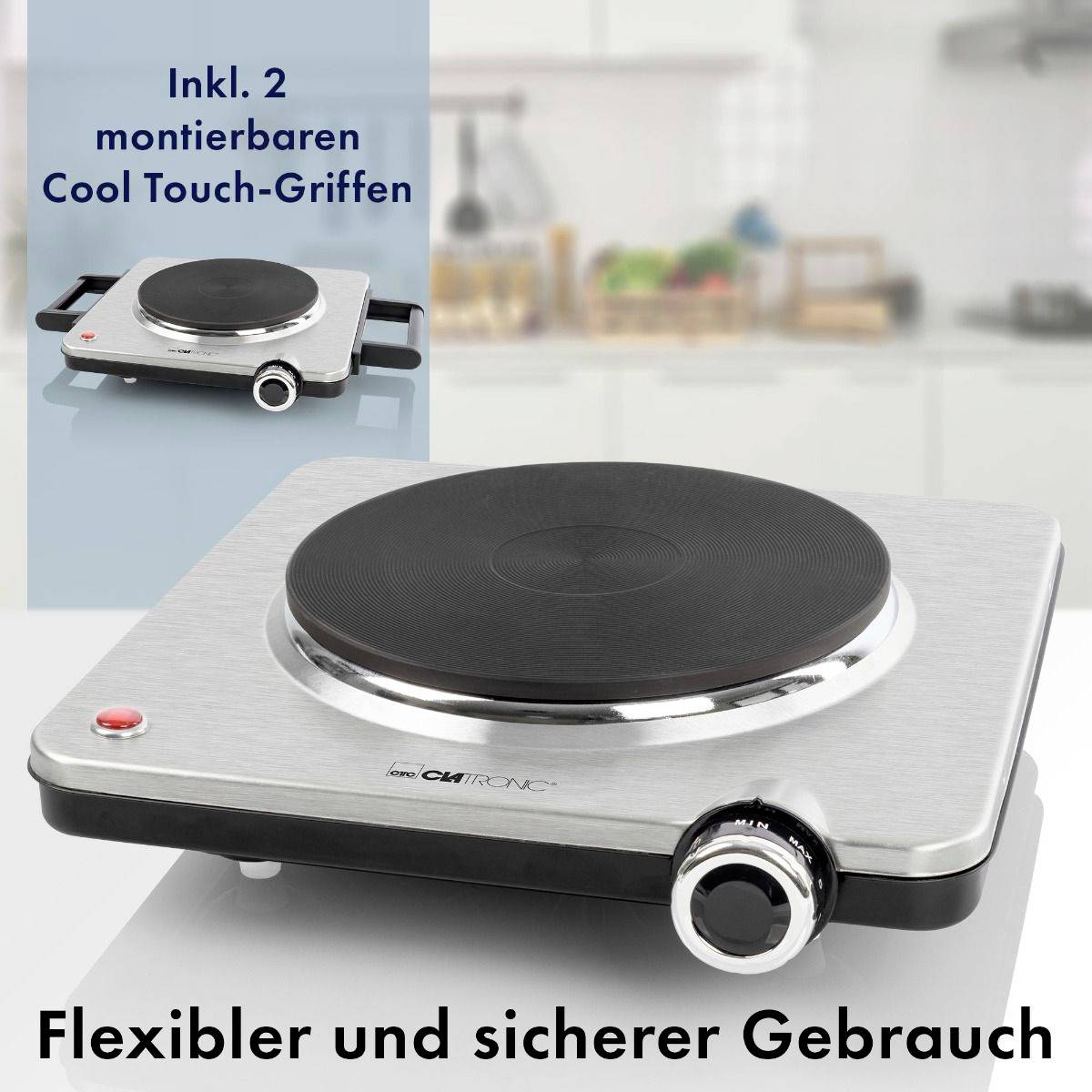 Einzelne tragbare Kochplatte mit schwarzem Kochfeld und Temperaturregler. Text auf dem Bild: 'Flexibler und sicherer Gebrauch'.