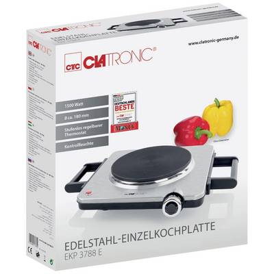 Kartonschachtel mit einem Bild einer Elektro-Einzelkochplatte, 1500 Watt, mit verstellbarem Thermostat. Zwei Paprika als Dekoration.