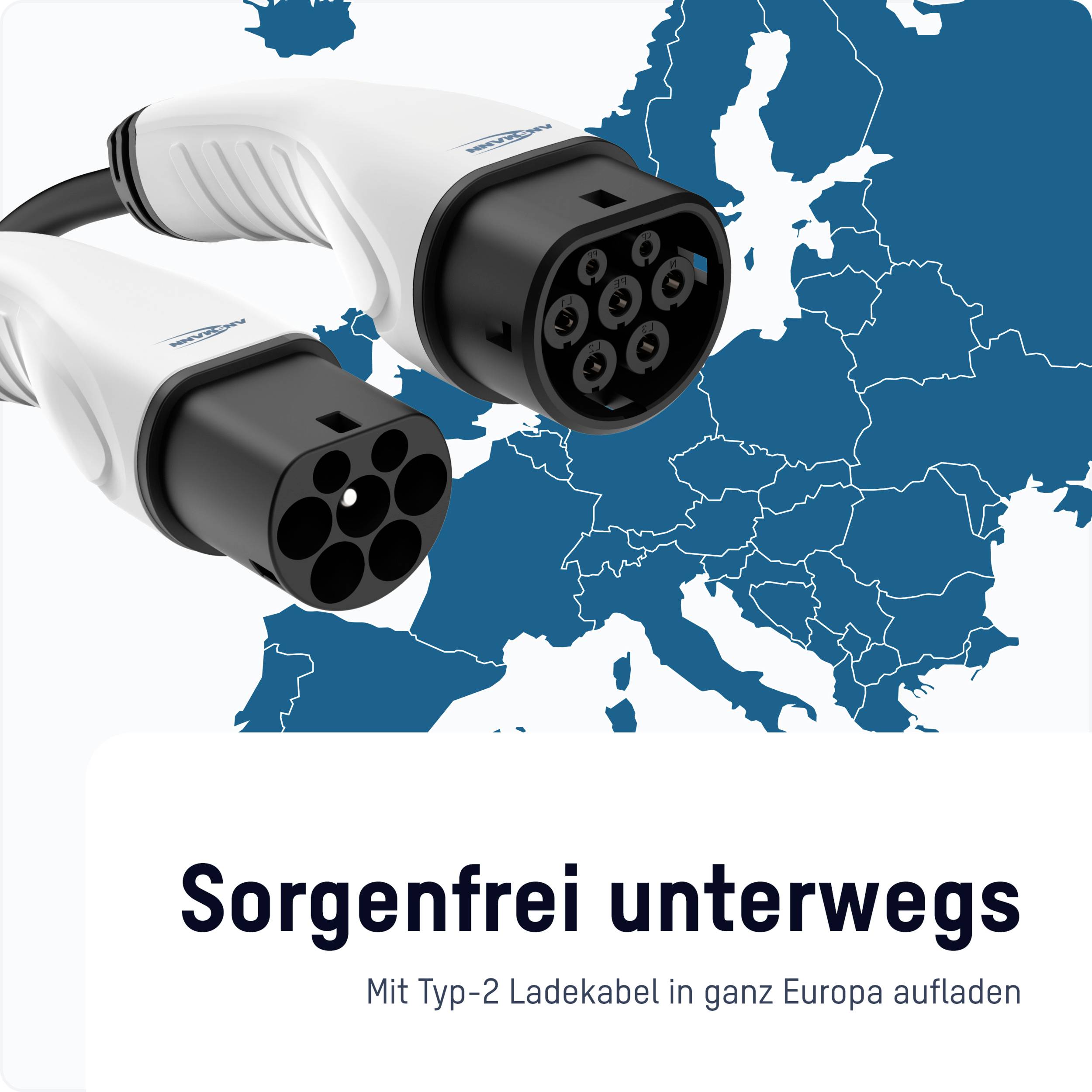 Ein weißes Typ-2 Ladekabel auf einer Europakarte. Text unten: 'Sorgenfrei unterwegs - Mit Typ-2 Ladekabel in ganz Europa aufladen'.