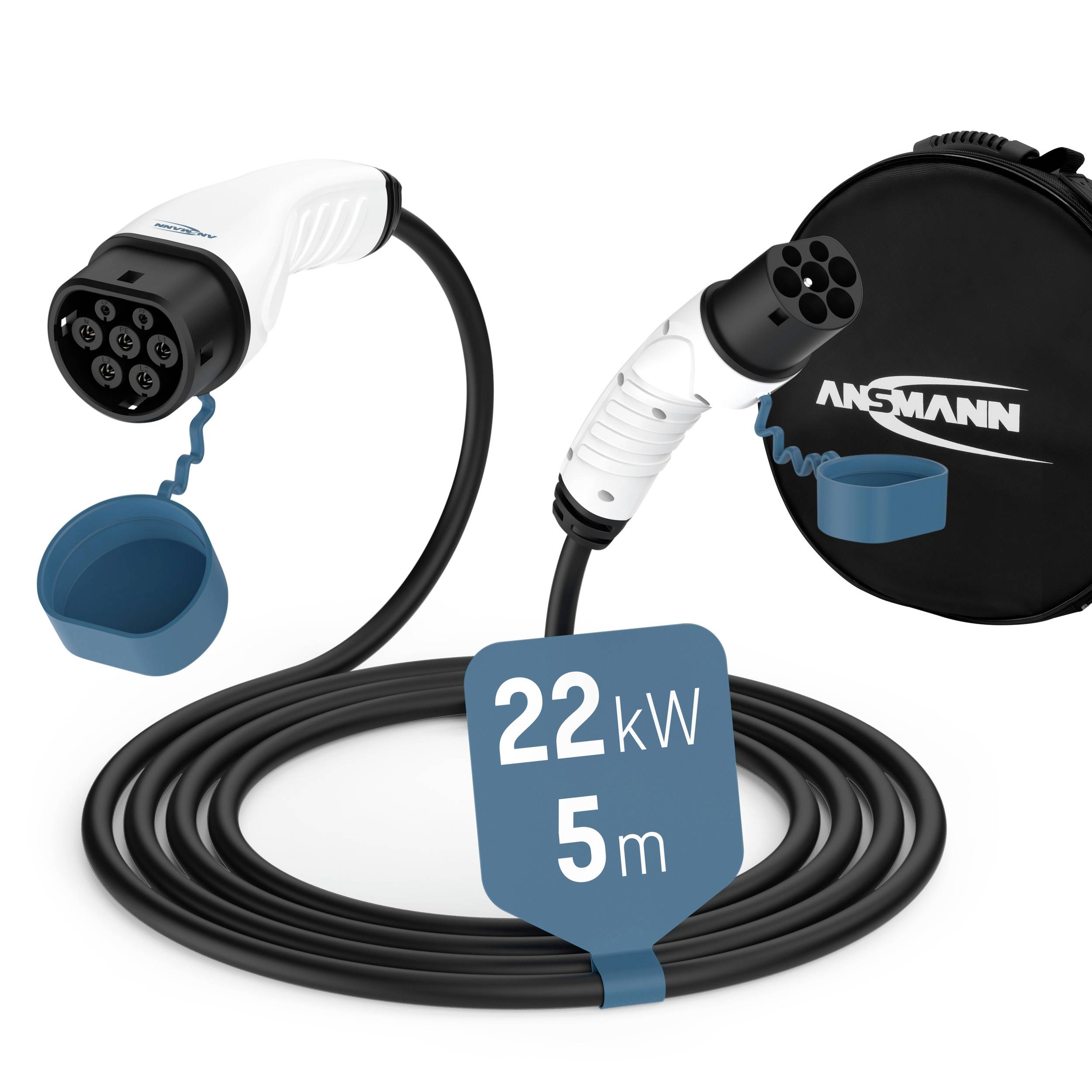 Ein schwarzes Ladekabel für Elektrofahrzeuge, aufgerollt, mit einer Länge von 5 Metern. Beide Enden des Kabels haben weiße Stecker.