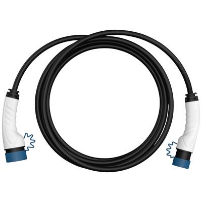 Ein schwarzes Kabel mit weißen Steckern an beiden Enden, verbunden zu einem Kreis, wird gezeigt. Stecker haben blaue Details.