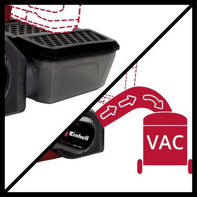 Das Bild zeigt die Einhell Power X-Change Box und einen Staubsauger mit Pfeilen, die den Luftstrom von der Box zum Staubsauger darstellen.