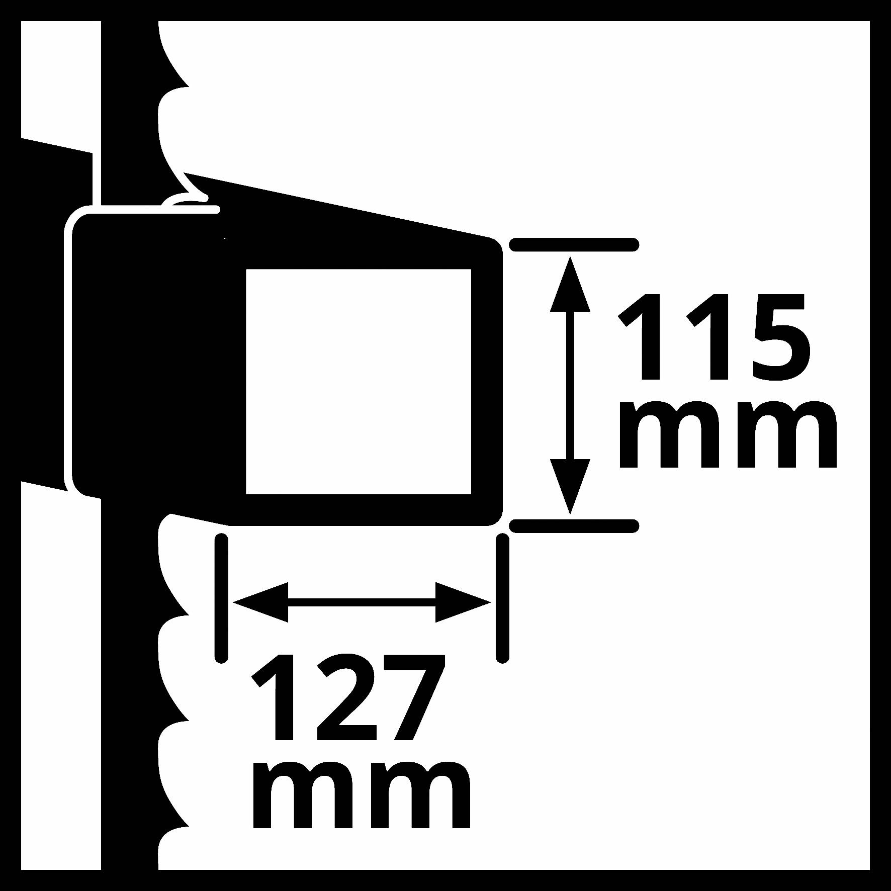 Ein quadratisches Objekt ist 115 mm hoch und 127 mm breit. Es ist an einer senkrechten Fläche angebracht.