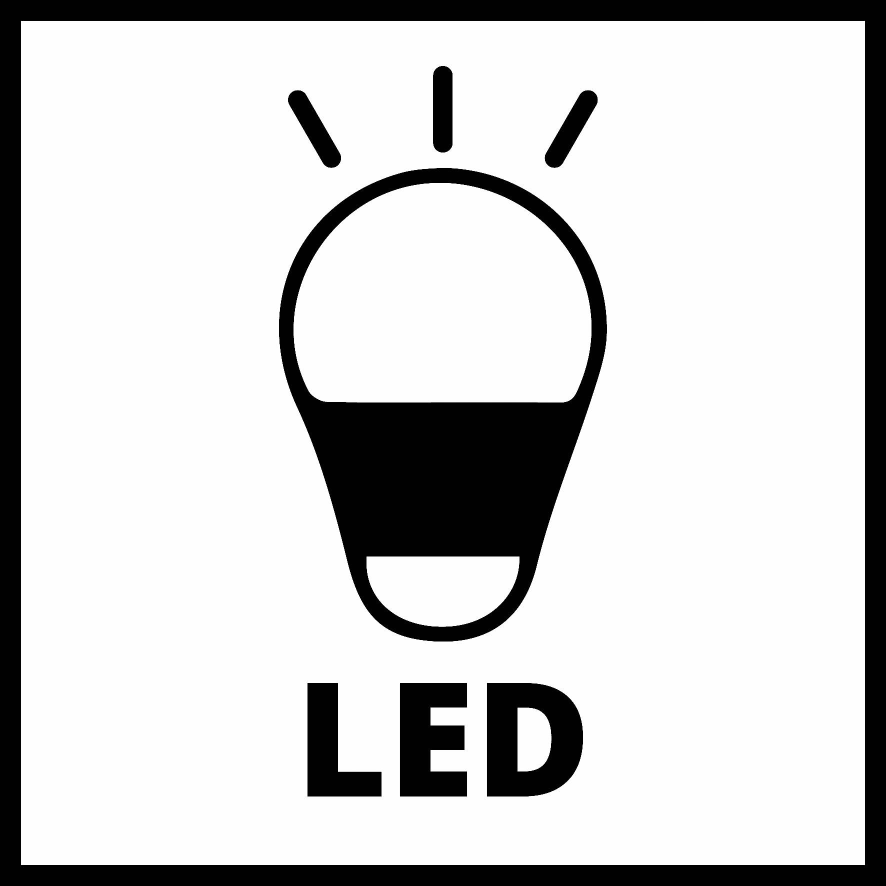 Schwarz-weißes Symbol einer Glühbirne mit dem Text 'LED' darunter.