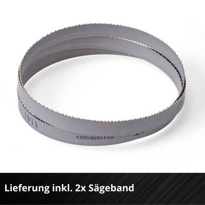 Ein metallisches Sägeblatt auf weißem Hintergrund. Text unten sagt: 'Lieferung inkl. 2x Sägeband'.