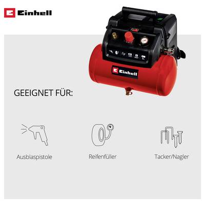 Einhell-Kompressor, geeignet für Ausblaspistole, Reifenfüller und Tacker/Nagler.<br>