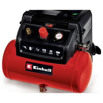 Roter tragbarer Einhell-Kompressor mit schwarzem Bedienfeld, Druckmesser und Beschriftungen für 8 bar, 6 L