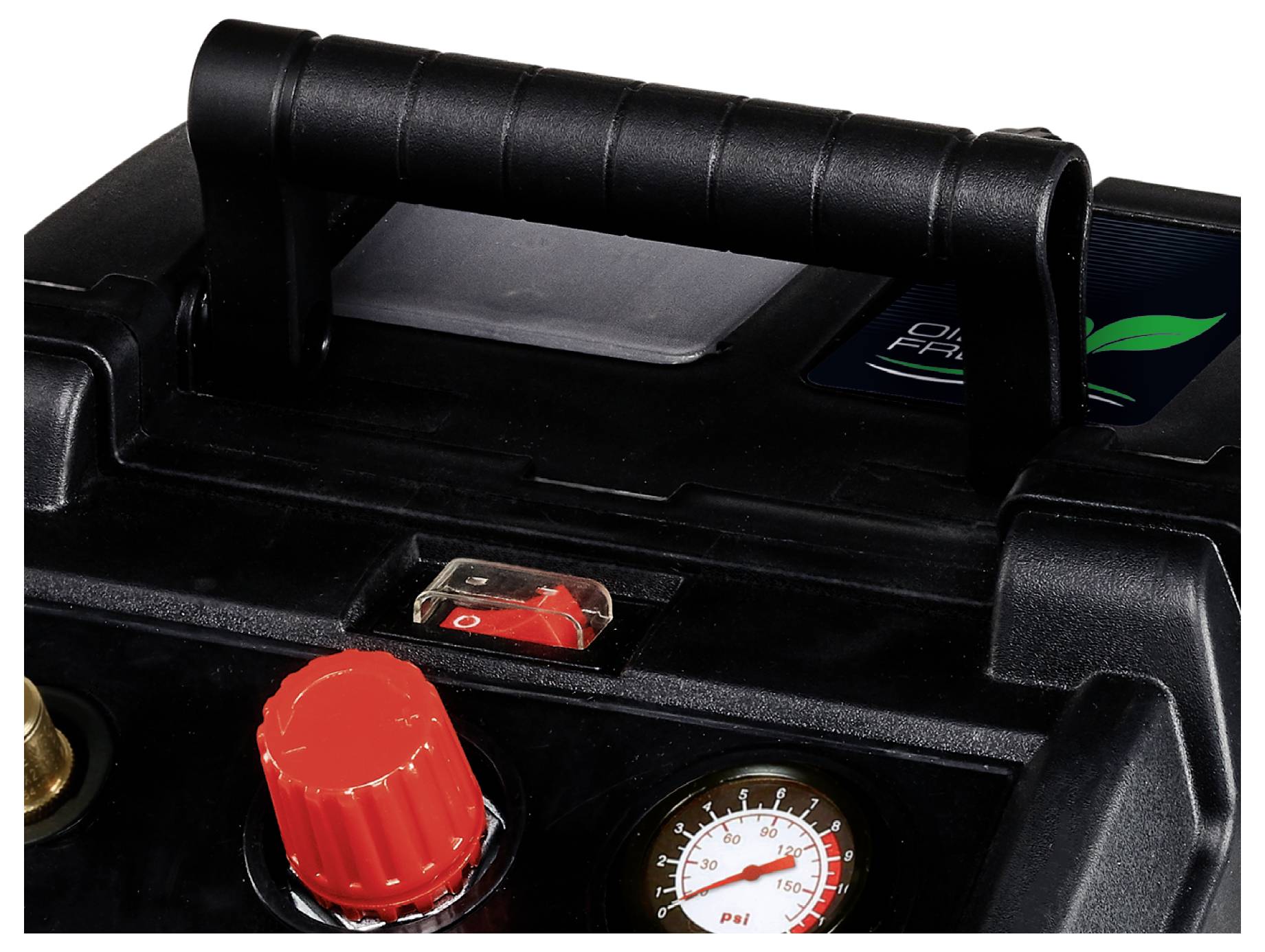 Tragbarer Luftkompressor mit oberer Griffleiste, rotem Stellknopf und Druckmessgerät mit PSI-Anzeige.