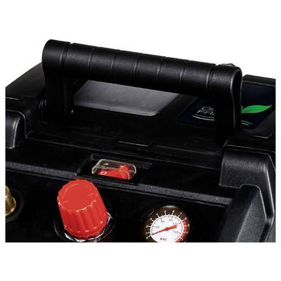 Tragbarer Luftkompressor mit oberer Griffleiste, rotem Stellknopf und Druckmessgerät mit PSI-Anzeige.