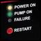 'POWER ON' und 'PUMP ON' sind aktiviert. 'FAILURE' ist aus. 'RESTART' leuchtet rot.