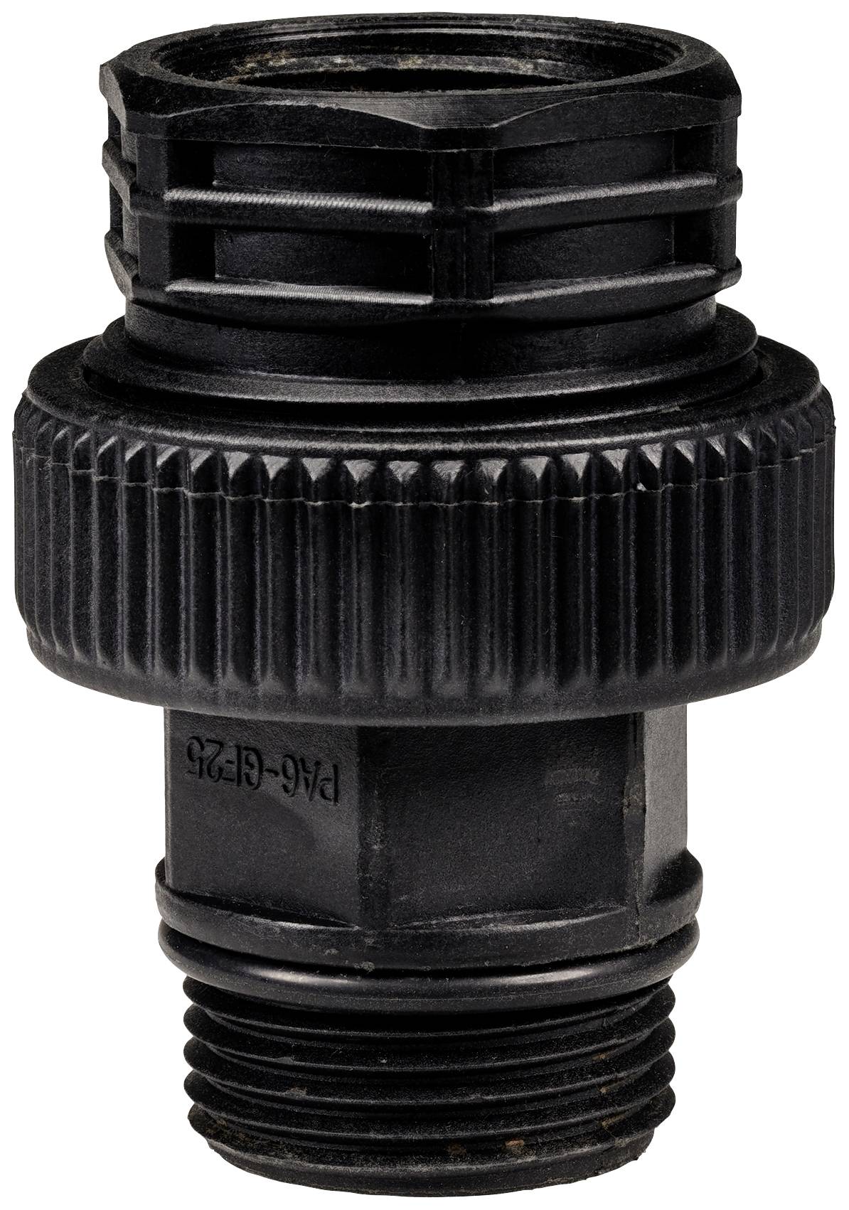 Schwarzer Kunststoff-Adapter mit Gewinde, vermutlich für Sanitär- oder Gartenschlauch-Verbindungen geeignet.