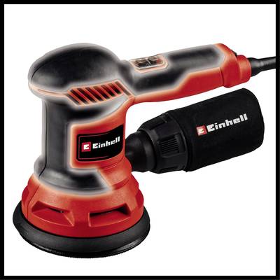 Elektrischer roter und schwarzer Handschleifer von Einhell mit Staubsack, auf weißem Hintergrund.