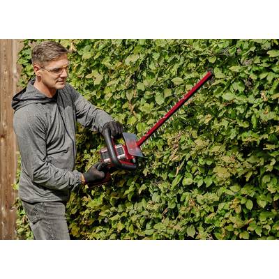 Mann schneidet mit einer elektrischen Heckenschere eine grüne Hecke. Trägt Schutzbrille und Handschuhe.