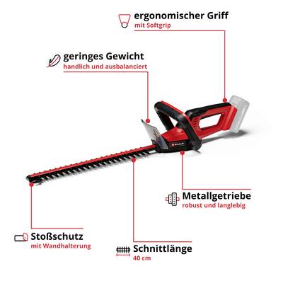'Heckenschere mit ergonomischem Griff, geringem Gewicht, Stoßschutz und Schnittlänge von 40 cm. Metallgetriebe für Langlebigkeit.'