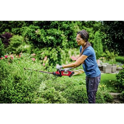 Frau schneidet Sträucher im Garten mit einer elektrischen Heckenschere. Im Hintergrund sind Büsche und Sitzmöbel zu sehen.