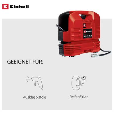 Einhell-Kompressor; geeignet für Ausblaspistole und Reifenfüller, mit den jeweiligen Symbolen dargestellt.