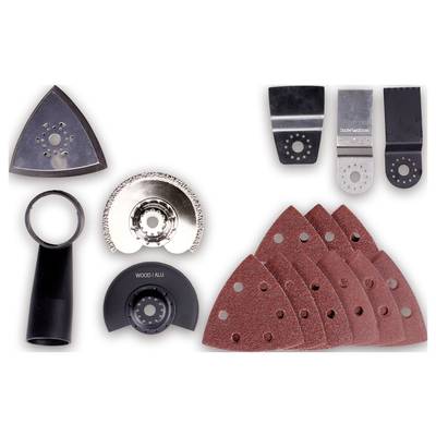 Verschiedene Multitool-Aufsätze, einschließlich Schleifblätter, Klingen für Holz/Aluminium und Universalfuß, arrangiert auf weißem Hintergrund.