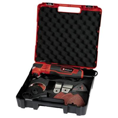 Ein rotes Elektrowerkzeug-Set in einem offenen schwarzen Koffer. Enthält ein Multifunktionswerkzeug, Schleifscheiben und Zubehör.