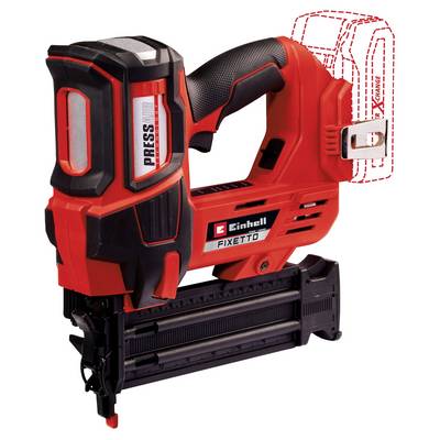 Ein roter Akku-Nagler der Marke Einhell, Modell 'FIXETTO', mit ergonomischem Griff und ohne eingelegtem Akku.