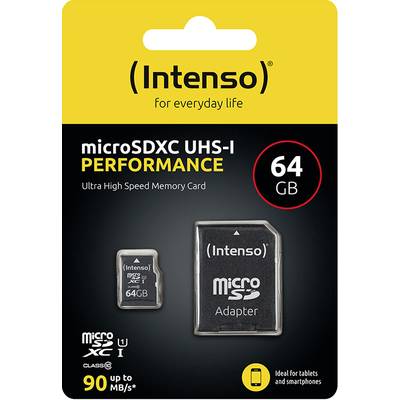 'Intenso microSDXC UHS-I Performance 64 GB Speicherkarte' und Adapter, ideal für Tablets und Smartphones, bis zu 90 MB/s.