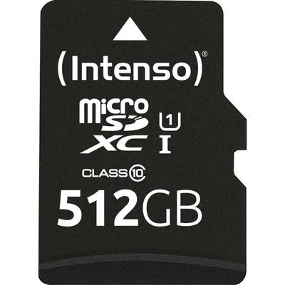 Mikro-SD-Karte von Intenso mit 512 GB Speicherkapazität, Klasse 10, UHS Geschwindigkeitsklasse 1, geeignet für schnelle Datenübertragung.