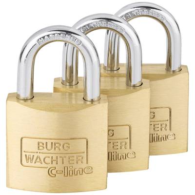 Drei goldene Vorhängeschlösser mit silbernen Bügeln in einer Reihe, jedes mit der Gravur 'BURG WÄCHTER C-line'.