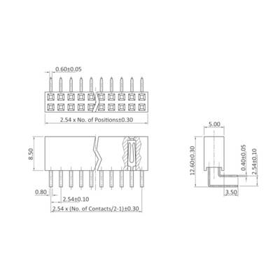 Technische Zeichnung eines Steckverbinders mit Bemaßungen: 2,54 mm Rastermaß, Höhe 8,50 mm, 12 Kontakte. Seiten- und Vorderansicht.