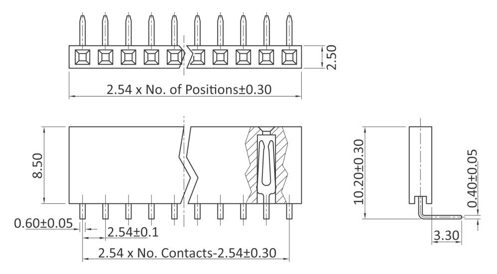 Abbildung von technischen Konstruktionsplänen eines elektronischen Bauteils mit Maßen in Millimetern. Enthält mehrere Ansichten.