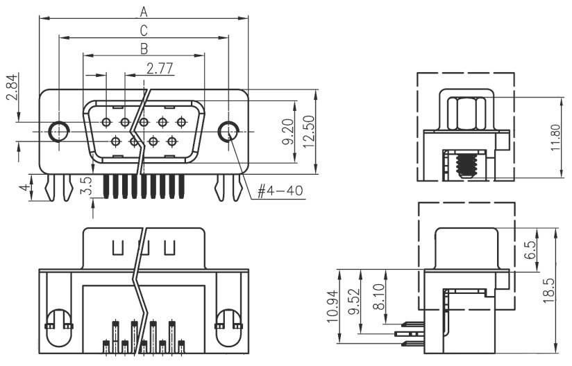 'Technische Zeichnung eines 9-poligen D-Sub-Steckers mit genauen Maßen in Millimetern: Breite 12,50, Höhe 9,25, Tiefe 8,10.'
