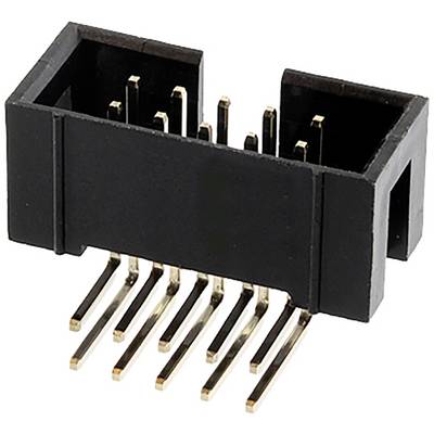 Ein schwarzer, rechteckiger Stecker mit zwei Reihen goldener Metallstifte, offen an einer Seite, zur Verbindung von elektronischen Bauteilen.