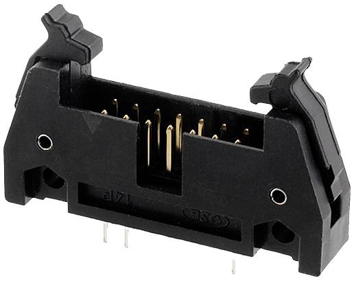 Ein schwarzer elektrischer Steckverbinder mit mehreren goldenen Pins und seitlichen Verriegelungsmechanismen für sichere Verbindung.