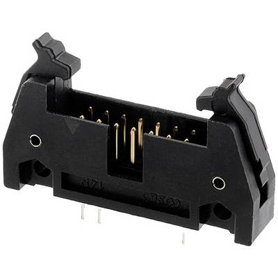 Ein schwarzer elektrischer Steckverbinder mit mehreren goldenen Pins und seitlichen Verriegelungsmechanismen für sichere Verbindung.