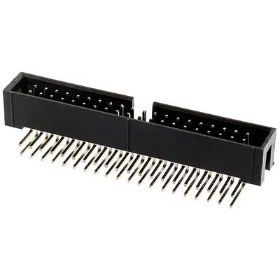 Ein schwarzer 2x20-Pin-Flachsteckerverbinder mit goldenen Kontakten, häufig verwendet auf Leiterplatten für Datenverbindungen.