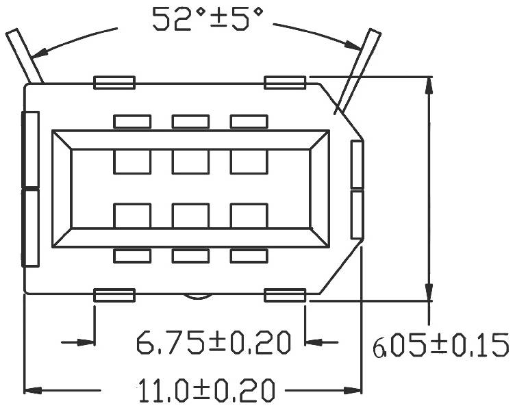 Technische Zeichnung eines elektronischen Bauteils mit Abmessungen: 52±5° Winkel, 6,75±0,20 mm Breite, 11,0±0,20 mm Länge, 6,05±0,15 mm Höhe.