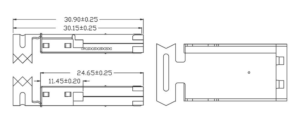 Technische Zeichnung eines Metallprofilstücks mit Längen- und Breitenmaßen: 30,90±0,25 mm und 24,65±0,25 mm, von drei Ansichten dargestellt.