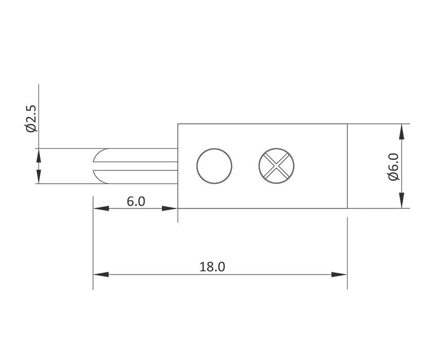 Technische Zeichnung eines Steckverbinders mit Abmessungen: Länge 18 mm, Höhe 6 mm, Durchmesser 2,5 mm.