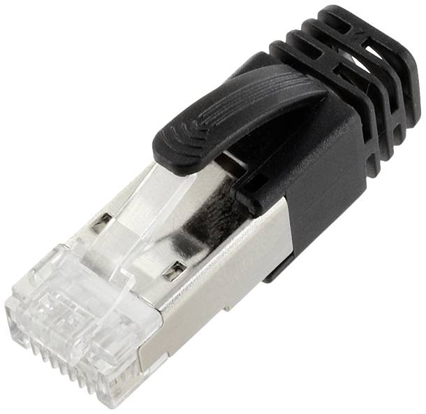 Ein schwarzer Netzwerkstecker mit durchsichtigen Kontakten, verwendet für Ethernet-Verbindungen in Computernetzwerken.