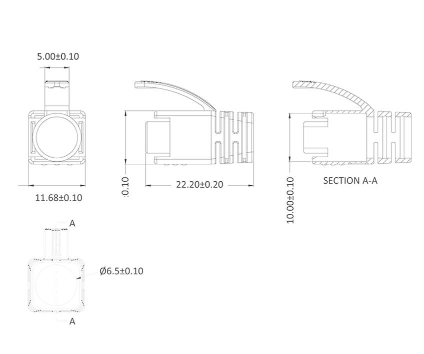 Technische Zeichnung eines zylindrischen Teils mit Maßen: 5,00 x 11,68 x 22,20 mm. Querschnittansicht A-A zeigt Innenstruktur.