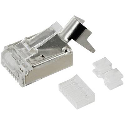Ein unmontierter RJ45-Stecker mit Metallgehäuse, geeignet für Netzwerkverkabelung. Zwei durchsichtige Kappen zur Kabelbefestigung liegen daneben.