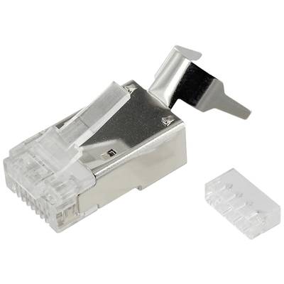 Abgeschirmter RJ45-Stecker mit Kabelklemme für Ethernet-Verbindungen, auf weißem Hintergrund abgebildet.