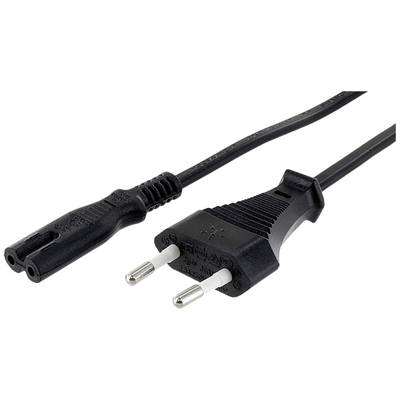 'Schwarzes Netzkabel mit Eurostecker und zweipoligem Anschluss, häufig für elektronische Geräte in Europa verwendet.'